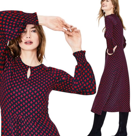 BODEN Eliza Floral Midi Dress Sz.6 Black Red Stretch Whimsigoth Boho Career - Picture 2 of 13